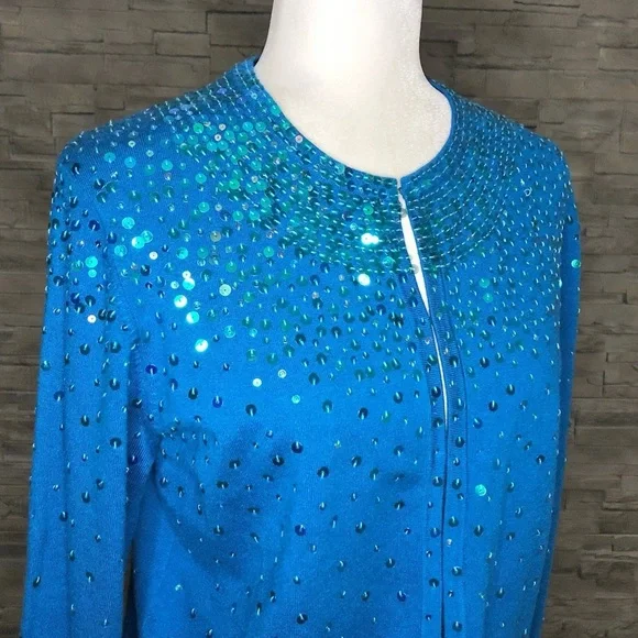 Chico's blue sequin silk cardigan - Picture 3 of 8